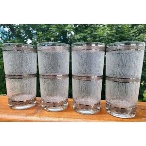 MCM 4 Culver Icicle Silver Rimmed Textured Hi-Ball Tumbler Glasses 1950's Retro